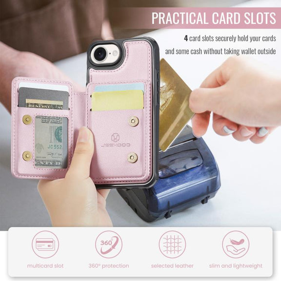 For iPhone 16e JEEHOOD J05 Business Magnetic Style RFID Leather Phone Case(Pink)