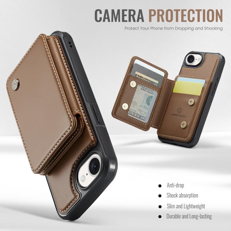 For iPhone 16e JEEHOOD J05 Business Magnetic Style RFID Leather Phone Case(Brown)