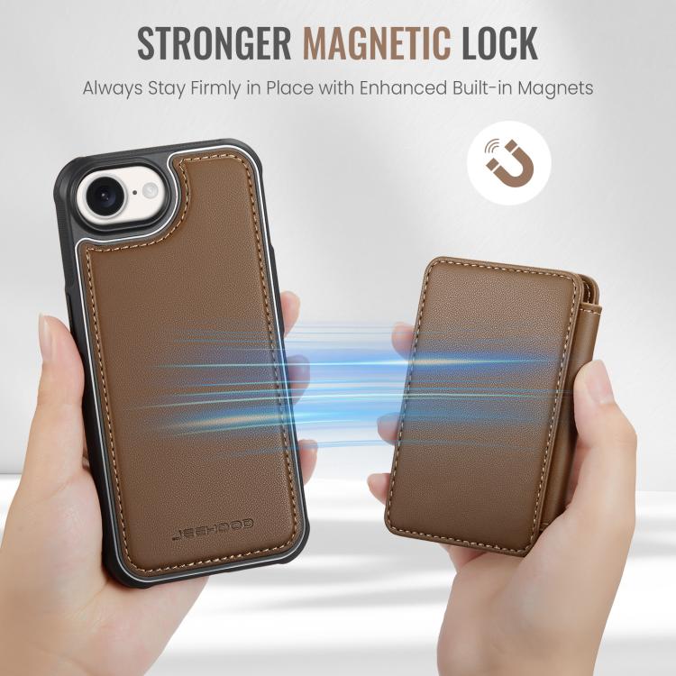For iPhone 16e JEEHOOD J05 Business Magnetic Style RFID Leather Phone Case(Brown)