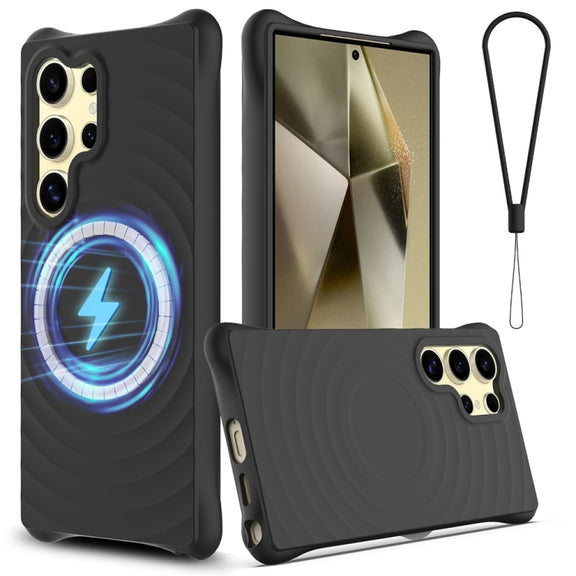 For Samsung Galaxy S25 Ultra 5G Wave Texture MagSafe Magnetic Liquid Silicone Phone Case(Black)