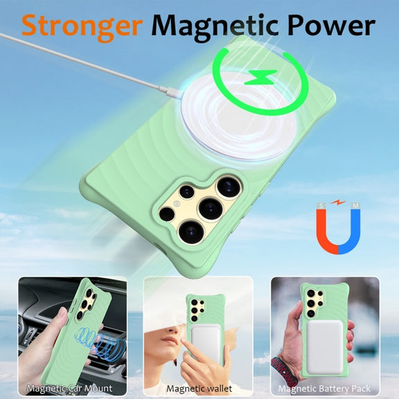For Samsung Galaxy S25 Ultra 5G Wave Texture MagSafe Magnetic Liquid Silicone Phone Case(Green)
