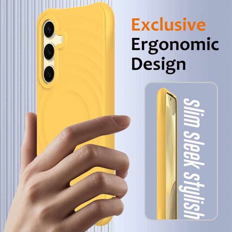 For Samsung Galaxy S25+ 5G Wave Texture MagSafe Magnetic Liquid Silicone Phone Case(Yellow)