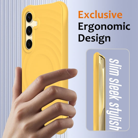 For Samsung Galaxy S25+ 5G Wave Texture MagSafe Magnetic Liquid Silicone Phone Case(Yellow)