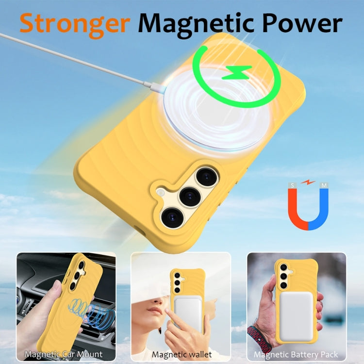 For Samsung Galaxy S25 5G Wave Texture MagSafe Magnetic Liquid Silicone Phone Case(Yellow)