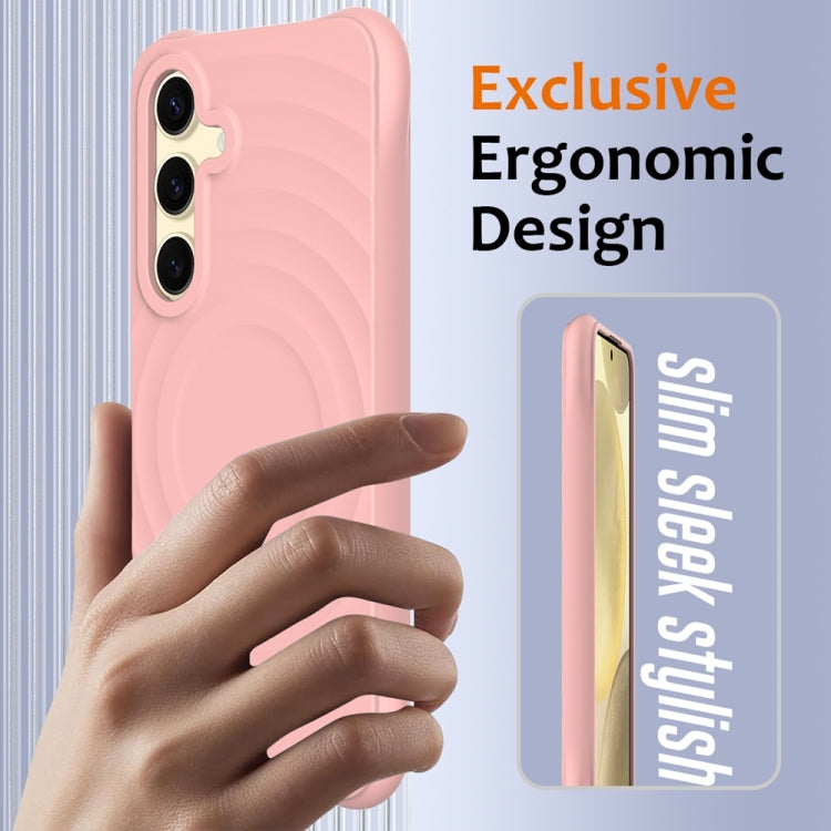For Samsung Galaxy S25 5G Wave Texture MagSafe Magnetic Liquid Silicone Phone Case(Pink)