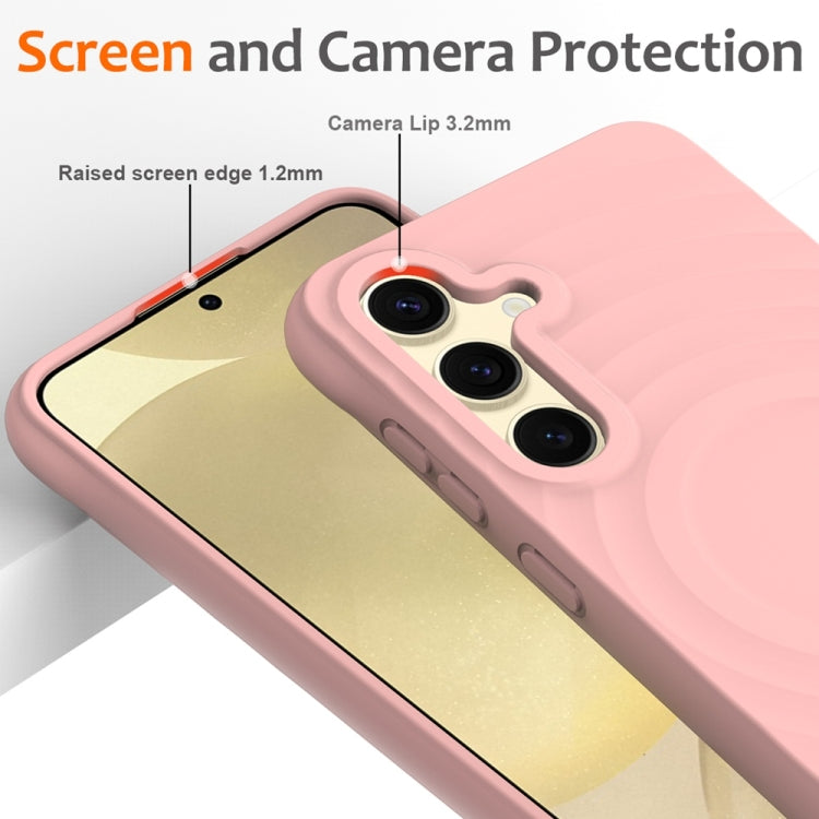 For Samsung Galaxy S25 5G Wave Texture MagSafe Magnetic Liquid Silicone Phone Case(Pink)