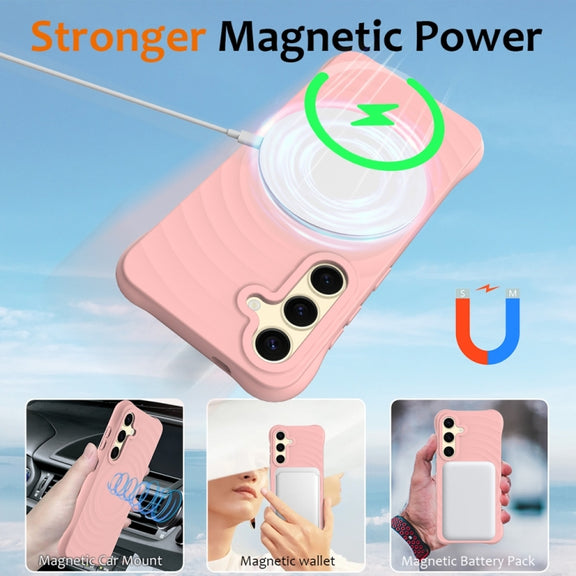 For Samsung Galaxy S25 5G Wave Texture MagSafe Magnetic Liquid Silicone Phone Case(Pink)