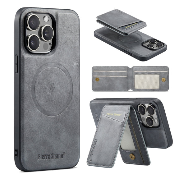 For iPhone 16 Pro Max Fierre Shann Cowhide Vertical Flip Magnetic Card Holder Phone Case(Grey)