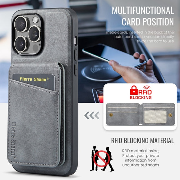 For iPhone 16 Pro Max Fierre Shann Cowhide Vertical Flip Magnetic Card Holder Phone Case(Grey)