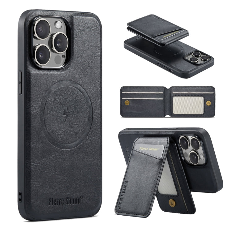 For iPhone 16 Pro Fierre Shann Cowhide Vertical Flip Magnetic Card Holder Phone Case(Black)
