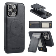 For iPhone 16 Pro Fierre Shann Cowhide Vertical Flip Magnetic Card Holder Phone Case(Black)