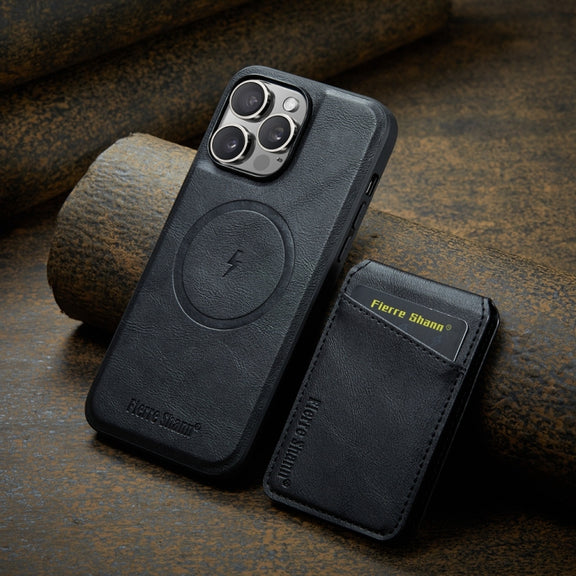 For iPhone 16 Pro Fierre Shann Cowhide Vertical Flip Magnetic Card Holder Phone Case(Black)