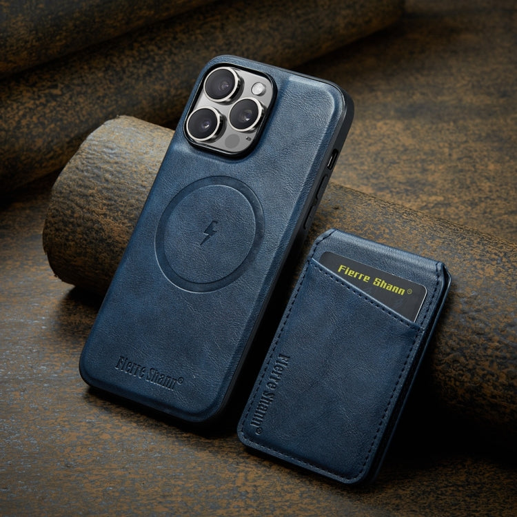 For iPhone 16 Pro Fierre Shann Cowhide Vertical Flip Magnetic Card Holder Phone Case(Blue)