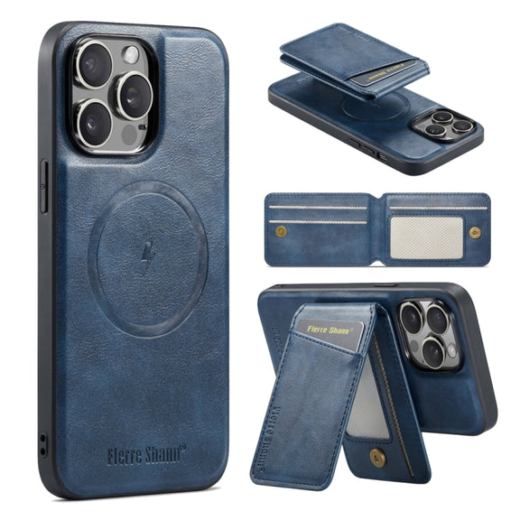 For iPhone 16 Pro Fierre Shann Cowhide Vertical Flip Magnetic Card Holder Phone Case(Blue)