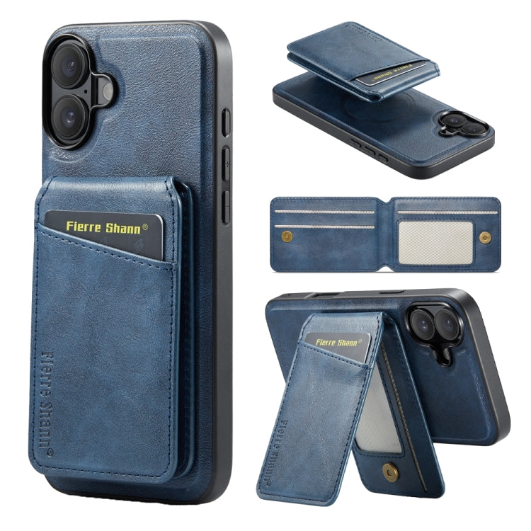 For iPhone 16 Plus Fierre Shann Cowhide Vertical Flip Magnetic Card Holder Phone Case(Blue)