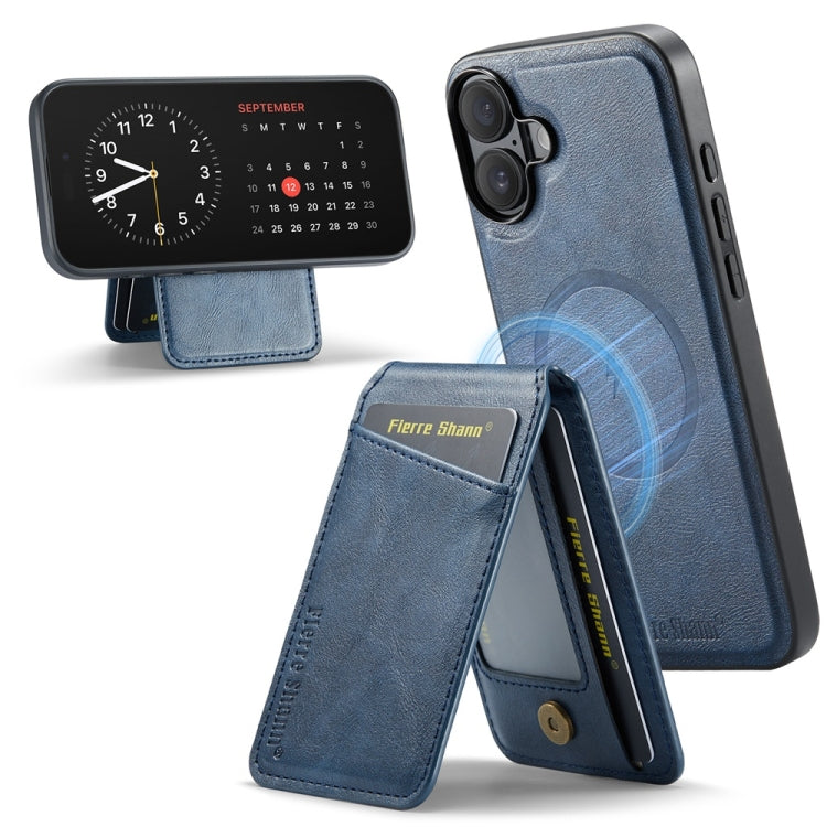 For iPhone 16 Plus Fierre Shann Cowhide Vertical Flip Magnetic Card Holder Phone Case(Blue)