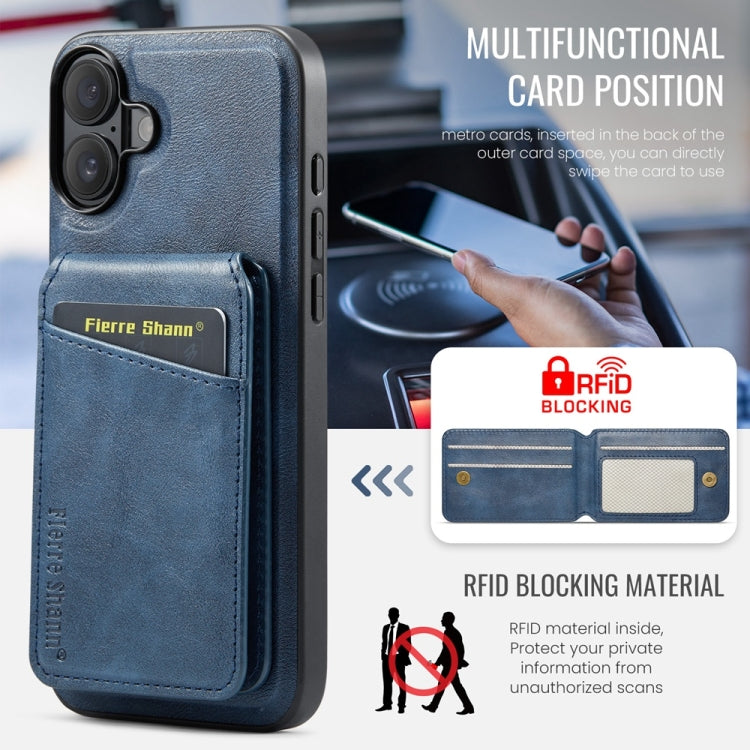 For iPhone 16 Plus Fierre Shann Cowhide Vertical Flip Magnetic Card Holder Phone Case(Blue)