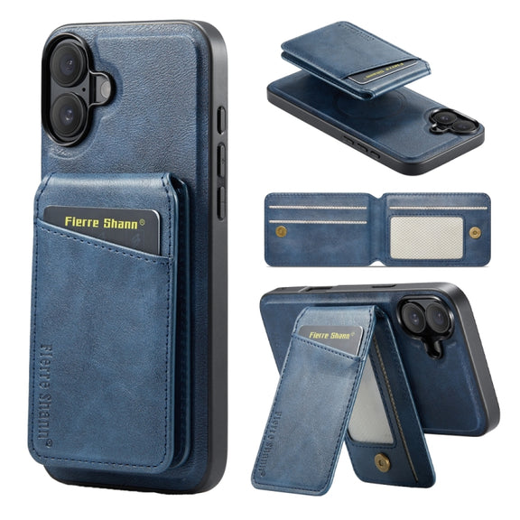 For iPhone 16 Plus Fierre Shann Cowhide Vertical Flip Magnetic Card Holder Phone Case(Blue)