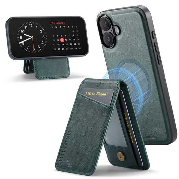 For iPhone 16 Plus Fierre Shann Cowhide Vertical Flip Magnetic Card Holder Phone Case(Green)