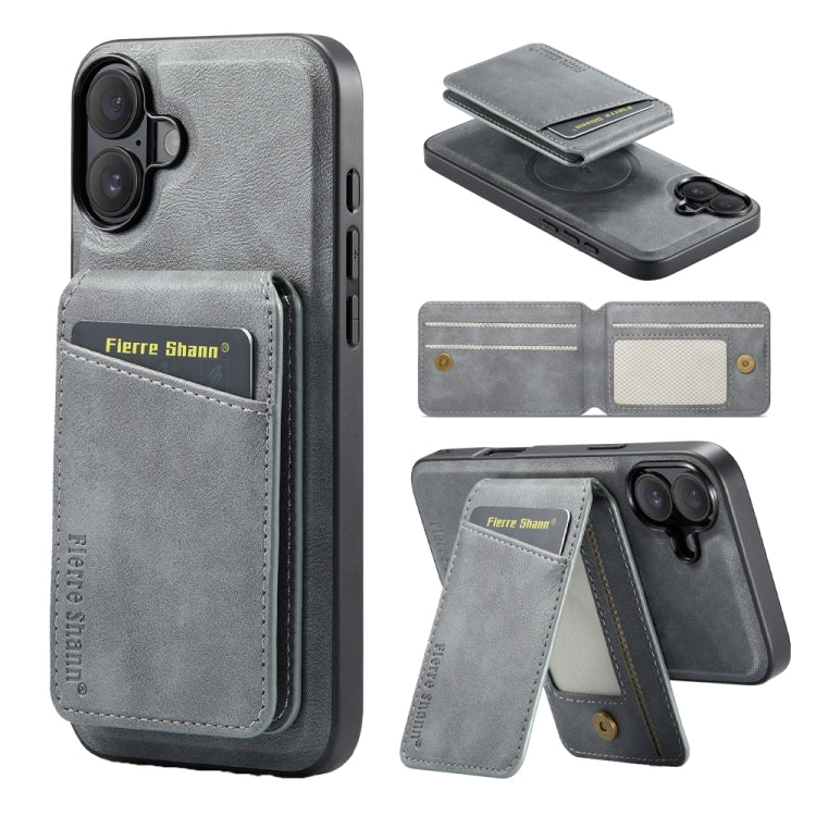 For iPhone 16 Plus Fierre Shann Cowhide Vertical Flip Magnetic Card Holder Phone Case(Grey)