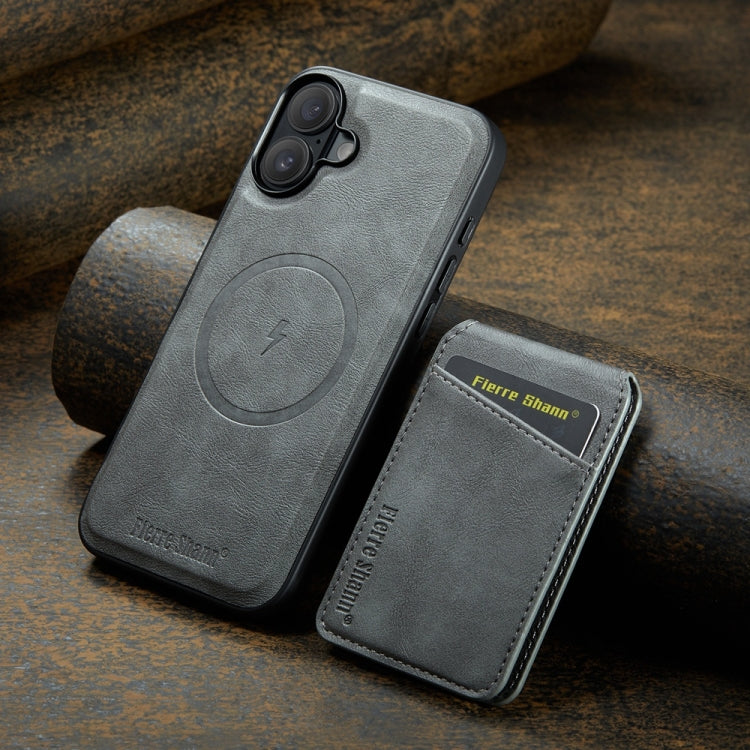 For iPhone 16 Plus Fierre Shann Cowhide Vertical Flip Magnetic Card Holder Phone Case(Grey)