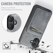 For iPhone 16 Plus Fierre Shann Cowhide Vertical Flip Magnetic Card Holder Phone Case(Grey)