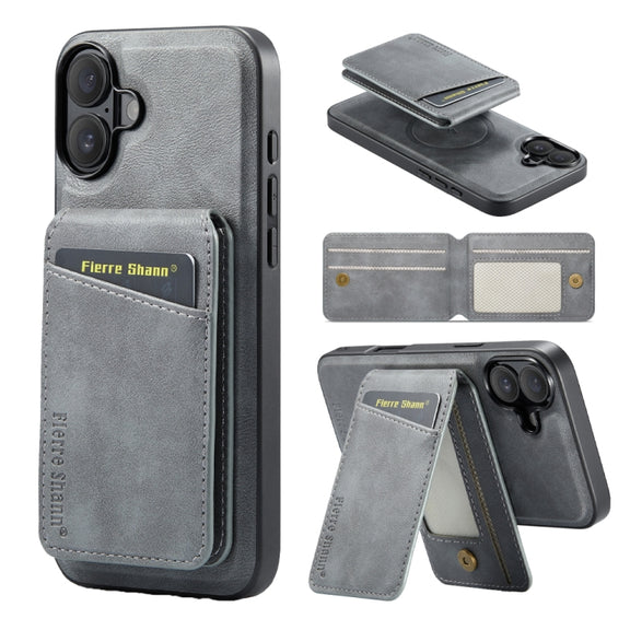For iPhone 16 Plus Fierre Shann Cowhide Vertical Flip Magnetic Card Holder Phone Case(Grey)