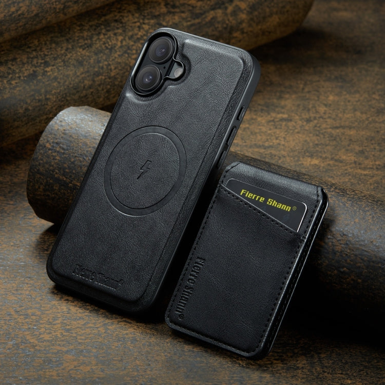For iPhone 16 Fierre Shann Cowhide Vertical Flip Magnetic Card Holder Phone Case(Black)