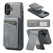 For iPhone 16 Fierre Shann Cowhide Vertical Flip Magnetic Card Holder Phone Case(Grey)