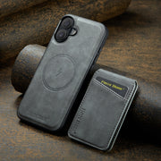 For iPhone 16 Fierre Shann Cowhide Vertical Flip Magnetic Card Holder Phone Case(Grey)