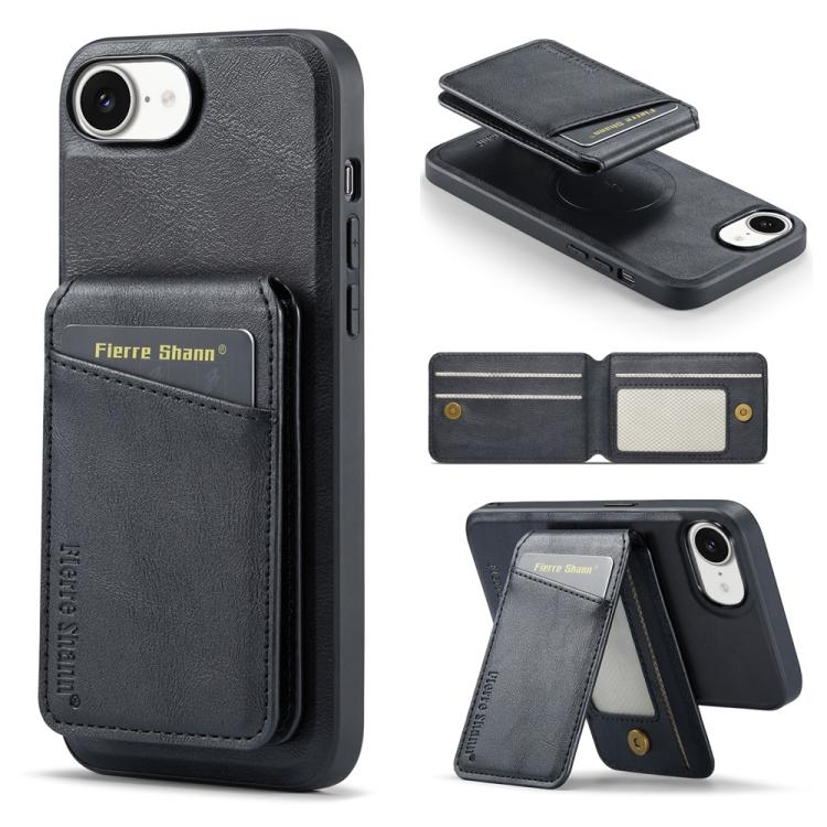For iPhone 16e Fierre Shann Cowhide Vertical Flip Magnetic Card Holder Phone Case(Black)