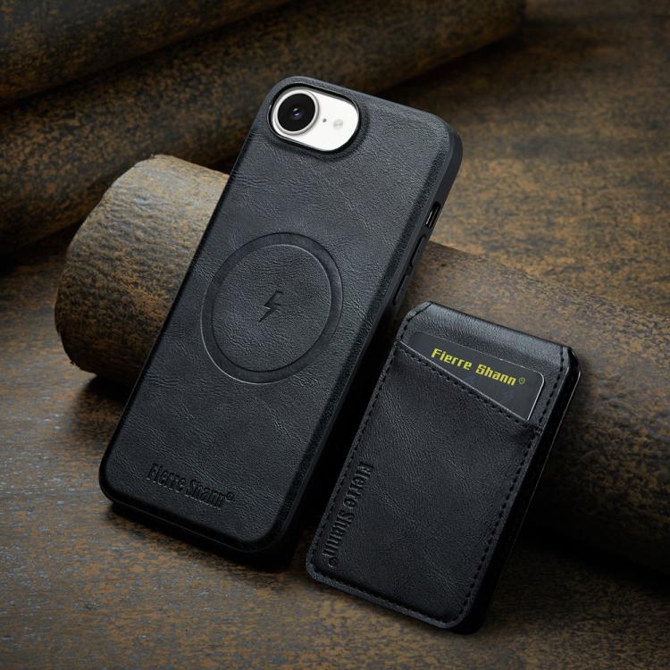 For iPhone 16e Fierre Shann Cowhide Vertical Flip Magnetic Card Holder Phone Case(Black)