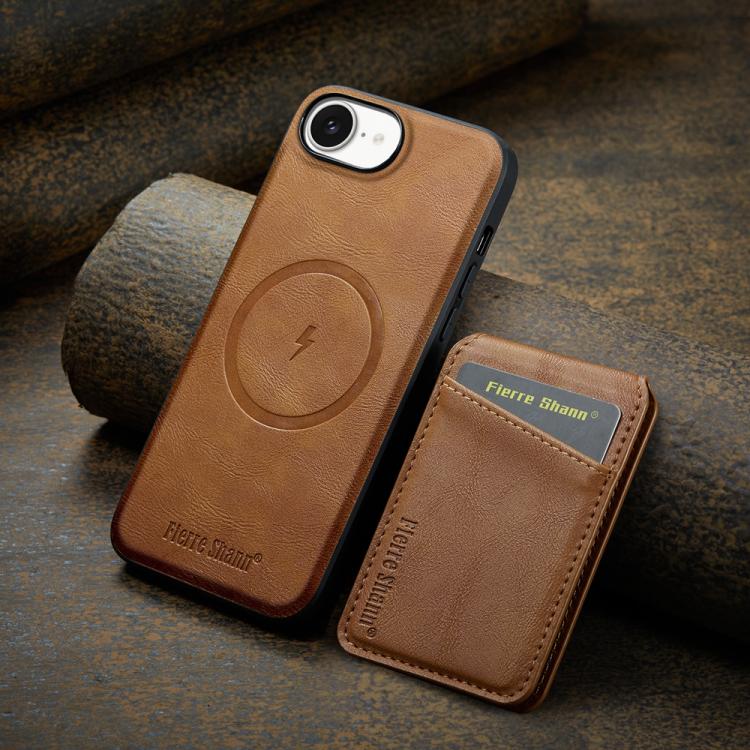 For iPhone 16e Fierre Shann Cowhide Vertical Flip Magnetic Card Holder Phone Case(Brown)