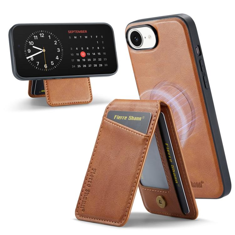 For iPhone 16e Fierre Shann Cowhide Vertical Flip Magnetic Card Holder Phone Case(Brown)