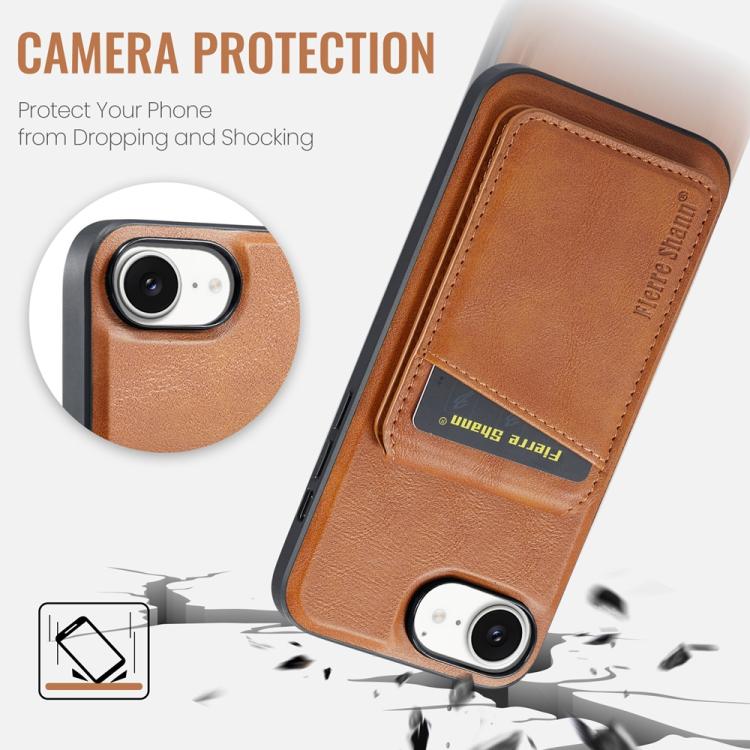 For iPhone 16e Fierre Shann Cowhide Vertical Flip Magnetic Card Holder Phone Case(Brown)
