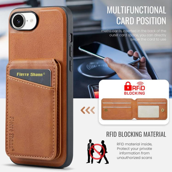 For iPhone 16e Fierre Shann Cowhide Vertical Flip Magnetic Card Holder Phone Case(Brown)