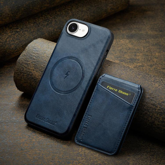 For iPhone 16e Fierre Shann Cowhide Vertical Flip Magnetic Card Holder Phone Case(Blue)