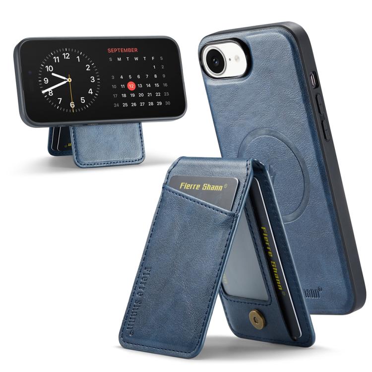 For iPhone 16e Fierre Shann Cowhide Vertical Flip Magnetic Card Holder Phone Case(Blue)