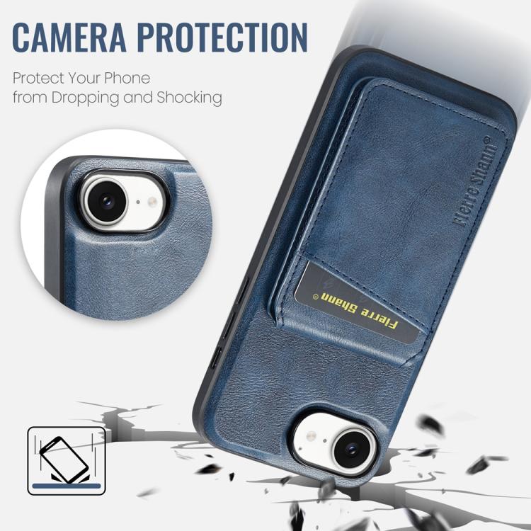 For iPhone 16e Fierre Shann Cowhide Vertical Flip Magnetic Card Holder Phone Case(Blue)