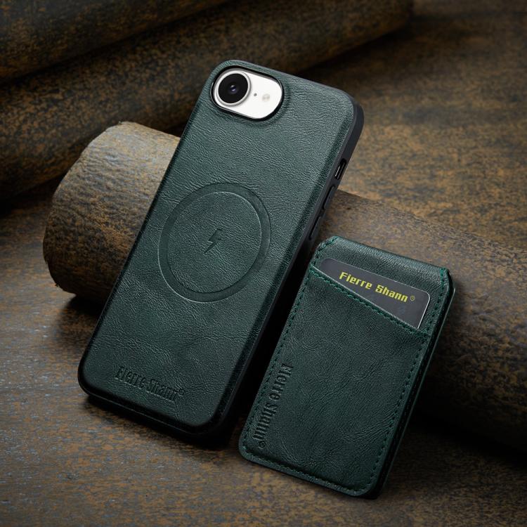 For iPhone 16e Fierre Shann Cowhide Vertical Flip Magnetic Card Holder Phone Case(Green)