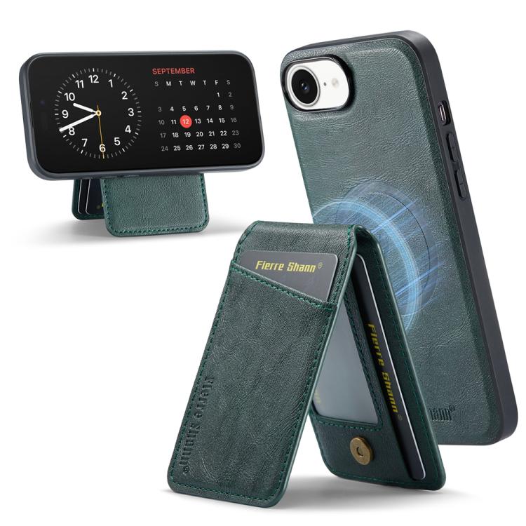 For iPhone 16e Fierre Shann Cowhide Vertical Flip Magnetic Card Holder Phone Case(Green)