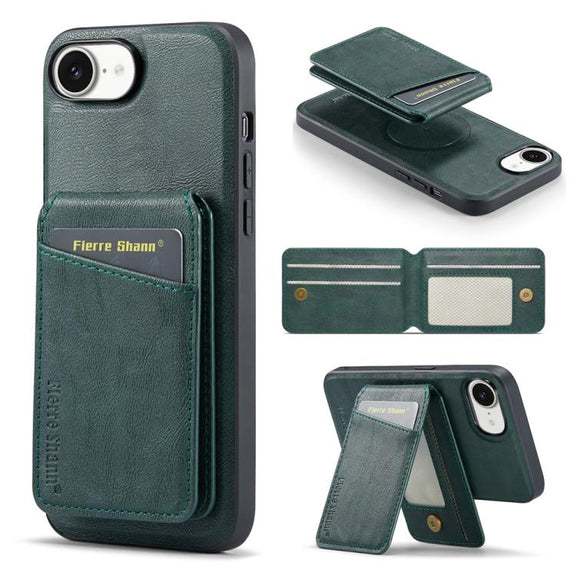 For iPhone 16e Fierre Shann Cowhide Vertical Flip Magnetic Card Holder Phone Case(Green)