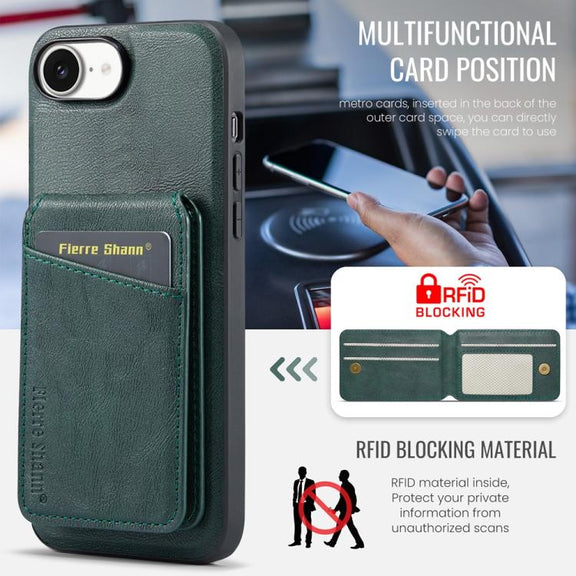 For iPhone 16e Fierre Shann Cowhide Vertical Flip Magnetic Card Holder Phone Case(Green)