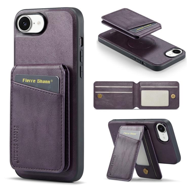 For iPhone 16e Fierre Shann Cowhide Vertical Flip Magnetic Card Holder Phone Case(Purple)