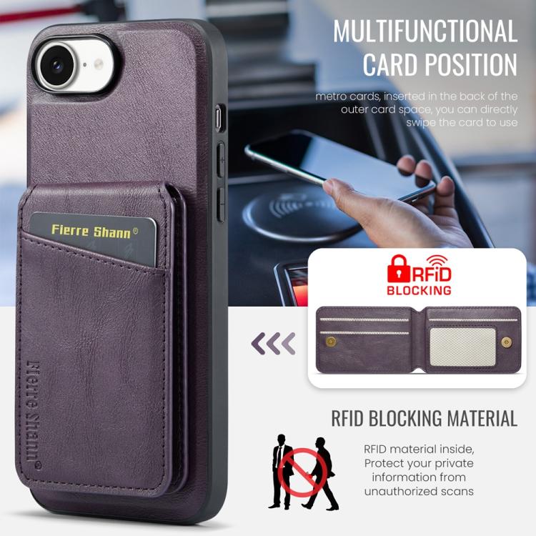 For iPhone 16e Fierre Shann Cowhide Vertical Flip Magnetic Card Holder Phone Case(Purple)