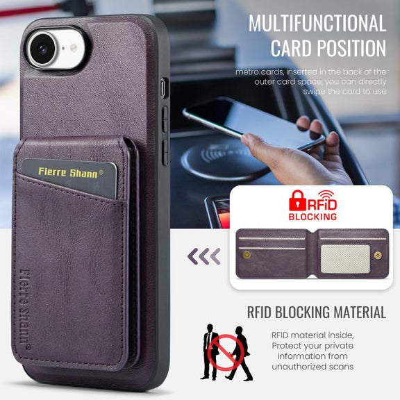 For iPhone 16e Fierre Shann Cowhide Vertical Flip Magnetic Card Holder Phone Case(Purple)