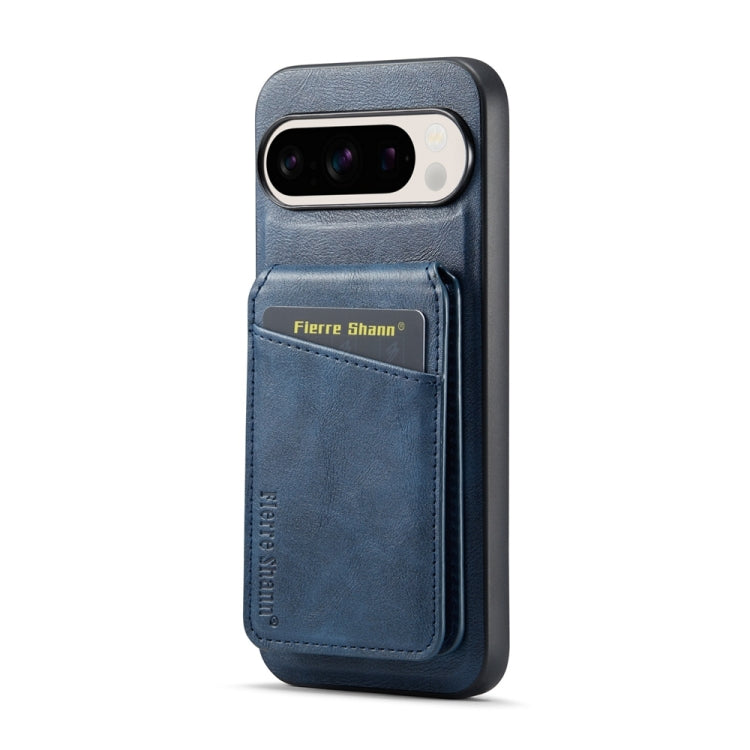 For Google Pixel 9 Pro Fierre Shann Cowhide Vertical Flip Magnetic Card Holder Phone Case(Blue)