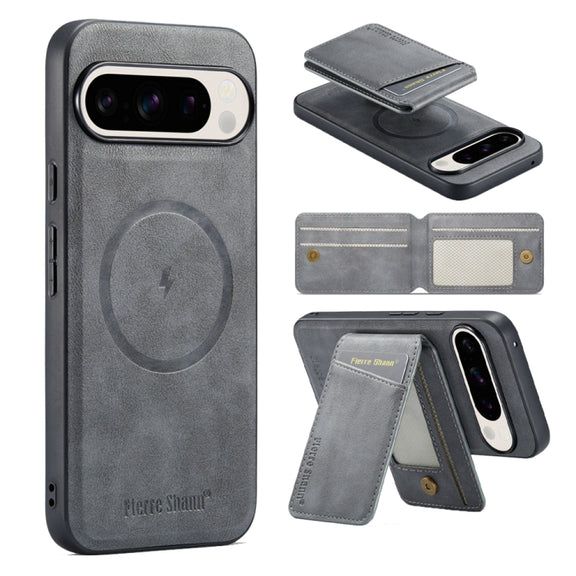For Google Pixel 9 Pro Fierre Shann Cowhide Vertical Flip Magnetic Card Holder Phone Case(Grey)
