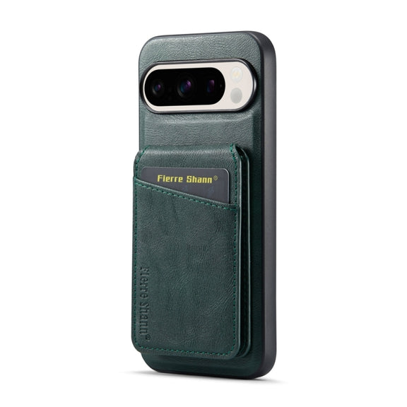 For Google Pixel 9 Fierre Shann Cowhide Vertical Flip Magnetic Card Holder Phone Case(Green)