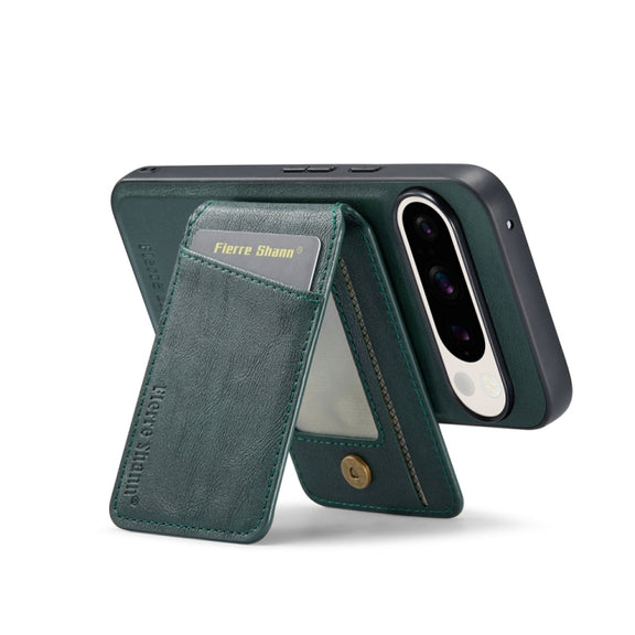 For Google Pixel 9 Fierre Shann Cowhide Vertical Flip Magnetic Card Holder Phone Case(Green)